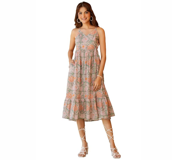 Women's Light Green Pure Cotton Floral Printed Tiered Dress